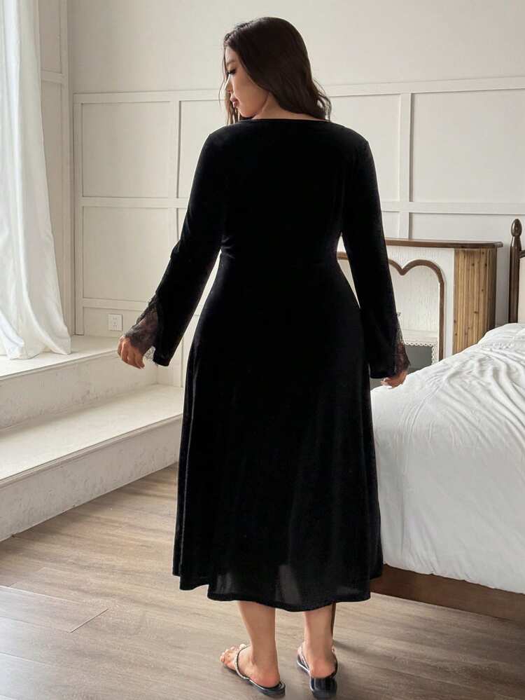 Dazy Plus Plus Size Women Elegant Lace & Velvet Patchwork Long Nightgown, Suitable For Loungewear & Sleepwear, Autumn/Winter