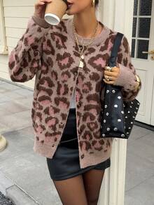 DAZY Áo len cardigan dệt kim họa tiết da báo cổ điển một hàng khuy cho nữ, hàng mới về mùa đông - Màu Khaki - Xem 7