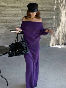 DAZY 1 套女士露肩紫色优雅长袖毛衣和高腰裙，秋冬两件套服装 - 紫色 - 查看 8