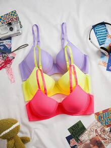 Nora Wilde 3pcs/Set Colorful Simple Smooth Casual Bras For Women And Girls,Hot Pink,Summer Rainbow Push Up Bra Lingerie Set - Multicolor - View 1