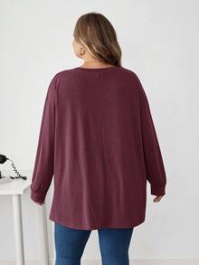 SHEIN CURVE+ Camiseta Casual Solta de Manga Longa com Decote Redondo e Ombros Caídos, Cor Sólida, Plus Size Feminino, Outono/Inverno - Vinho - Visão 2