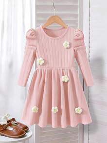 Elladie kids 女童休闲可爱圆领插肩泡泡袖收腰短款纯色针织碎花连衣裙 - 粉色 - 查看 3
