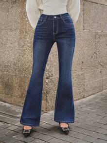 Selenza Quần jeans ống loe thêu hoa đính đá thời trang thường ngày cho nữ - Màu xanh lam - Xem 2