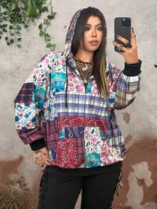 Whyspr Sweatshirt Patchwork Motif Kotak-kotak & Bunga Retro Ukuran Plus Bergaya Grunge Cottage Punk Modis - Merah - View 5