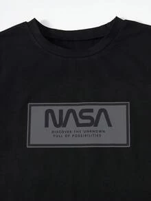 SHEIN 2pcs Tween Boys' Print Black Short Sleeve T-Shirt + Khaki Cargo Pants Casual Suit, Spring/Summer