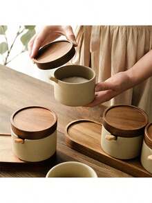 1 件/2 件/3 件日式乡村风格陶瓷调味罐带木盖和托盘，厨房盐糖香料储存容器 - 陶土 - 查看 12