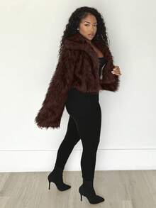 Alexandranx 女式复古时尚前开仿毛领夹克，冬季外套 - 巧克力棕 - 查看 3