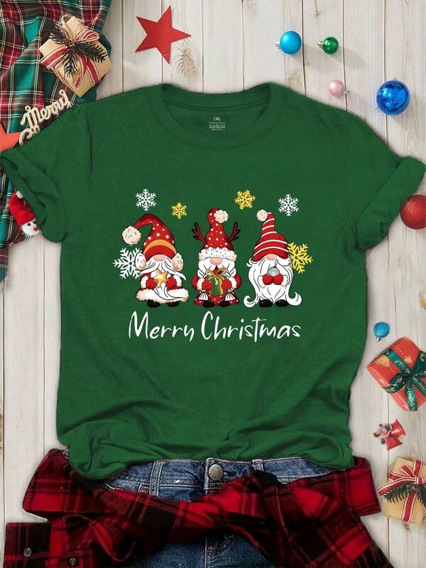 EMERY ROSE Plus Size Women's Christmas Gnome & Snowflake Graphic T-Shirt - Merry Christmas Script, Soft Stretchy Round Neck Short Sleeve Tee, All-Season Casual Top