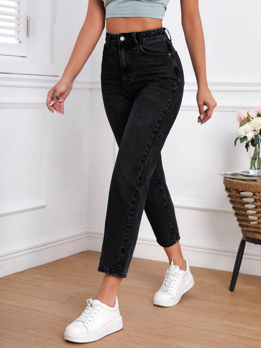 Casual Washed High Waist Tapered Jeans Black - Black - View 1