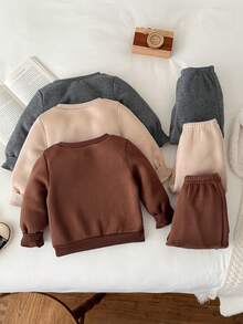 LMoss Kids LMoss 6件套男婴字母图案针织圆领卫衣和裤子套装，男婴服装，幼儿冬季服装，男婴休闲套装，秋季服装，套头衫，舒适的秋冬款式，长袖上衣 - 彩色 - 查看 2