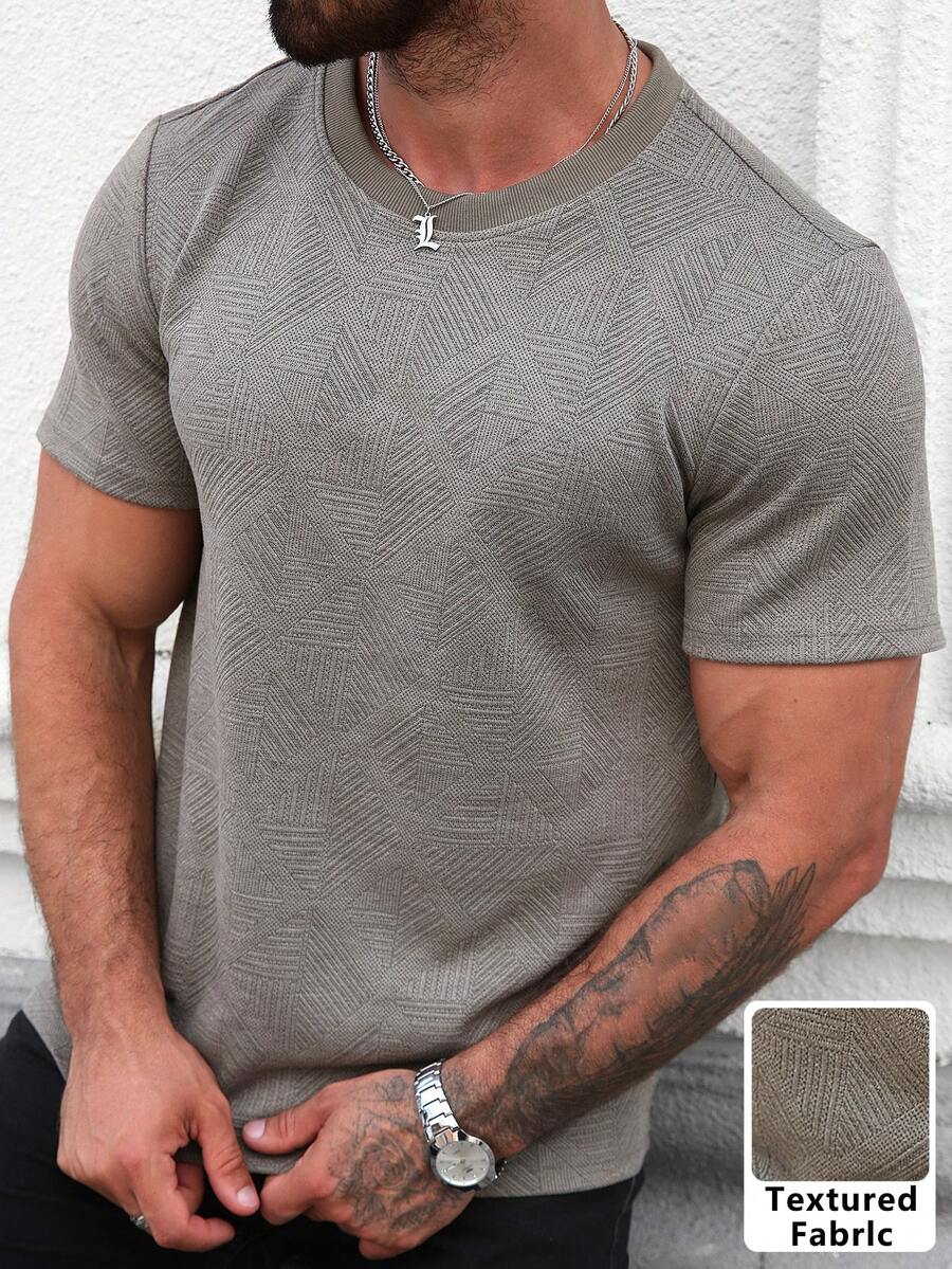 Manfinity CasualCool 男士双色几何压花短袖圆领T恤，休闲度假、居家、运动、户外、派对、聚会，简约百搭，面料舒适，适合自己穿着或赠送朋友 - 灰色 - 查看 1