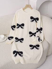 Teen Girls Autumn Black And White Y2k Sweet Back-To-School Jacquard Bow Knitted Dress, Round Neck Long Sleeve Elegant Casual Mini Knit Dress - White - View 2