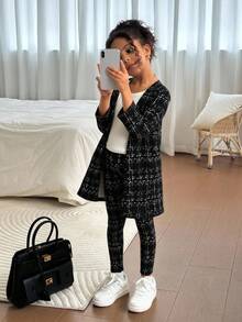 SHEIN 3pcs/Set Young Girl Tween Girl Frenchy Allover Print Long Sleeve Jacket And Cami Top & Drawstring Pants Elegant Outfit,Elagant,Fashion.,Autumn Winter ,School Daily Wear,Back To School Season.Cute Elagant,Fashionable ,Autumn Winter. Girls Blazer Set, Kids Blazers Suit Girls, Little Girls Business Suit - Black - View 3