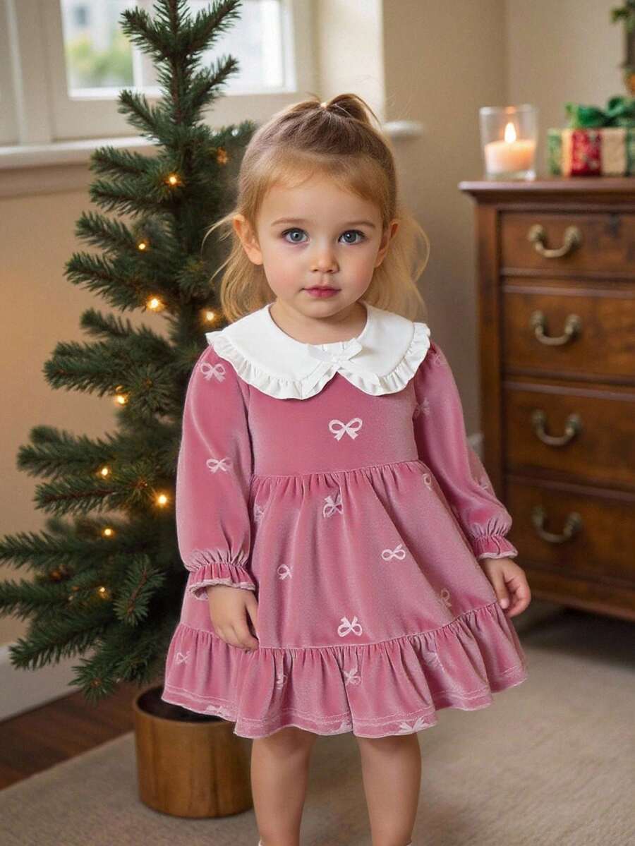 SHEIN Baby Girls' Doll Collar Ruffle Bow Puff Sleeve A-Line Dress. Doll Collar Design, Cute And Fashionable. 3D Bow And Puff Sleeves, Classic A-Line Silhouette, Exquisite And Elegant. Whether Taking Your Little One Out For Play Or Attending A Party, This Dress Will Make Your Baby The Center Of Attention. - Pink - View 1