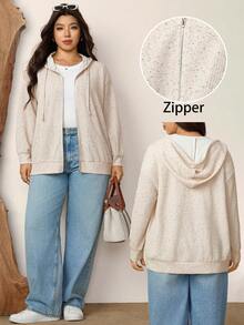Zelara 大码女式落肩长袖拉链前开襟休闲抽绳连帽卫衣，秋冬款 - 米色 - 查看 5