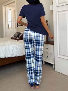 SHEIN 爱心印花短袖上衣和格子印花长裤女士睡衣套装，休闲蓝色睡衣套装，女士短袖圆领睡衣套装，秋冬服装 - 藍色 - 查看 2