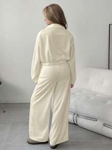 2-teiliges Set: Damen & Teenager Mädchen unifarbener Crop Sweatshirt mit Stehkragen und Langarm + weite Schlupfhose Set, lässige Sportkleidung, minimalistisch & elegant