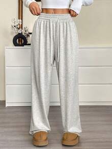 SHEIN EZwear Pantalones de chándal holgados con cordón en la cintura, color blanco, talla grande, para otoño