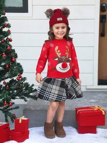 Young Girl's Cute Reindeer Pattern Round Neck Sweater, For Casual Outings Or Keeping Warm In Autumn For Christmas - Red - View 3