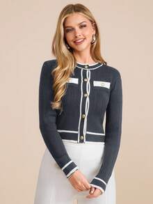 Amorya Women's Winter Classic Black And White Contrast Metal Button Decoration Elegant Cardigan For Work, Streetwear, And Gatherings - Dark Grey - View 3
