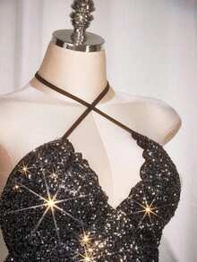SHEIN ICON Áo hở lưng sequin chéo cỡ lớn, thích hợp cho tiệc tùng, hẹn hò, Y2K, Giáng sinh - Nhiều màu - Xem 5