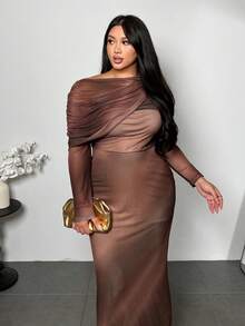 SHEIN Privé Đầm Maxi Tay Dài Ôm Sát, Họa Tiết Lưới Nhuộm, Dáng Rộng, Không Đối Xứng, Sang Trọng, Lãng Mạn, Cỡ Lớn, Dành Cho Nữ, Mùa Thu/Đông - Nhiều màu - Xem 8