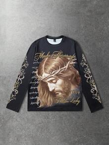 ROMWE MEN Street Life Men's Slogan Print Crew Neck Jesus Loose Fit Long Sleeve Casual T-Shirt - Black - View 4