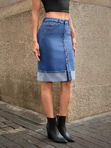 Selenza Chân váy denim ngắn ôm sát cài nút phía trước, thường ngày dành cho nữ - Màu xanh lam - Xem 4