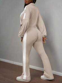 Slaydiva New Early Autumn Casual Simple Daily Dating Sports Style Yoga Suit Small Stand-Up Collar Front Middle Zipper Drop Shoulder White Splicing Light Purple Hem Drawstring Long-Sleeved Top + Purple Flared Trousers Side White Splicing Yoga Pants Knit Suit Women's Two Pieces Suit-B - Apricot - View 3