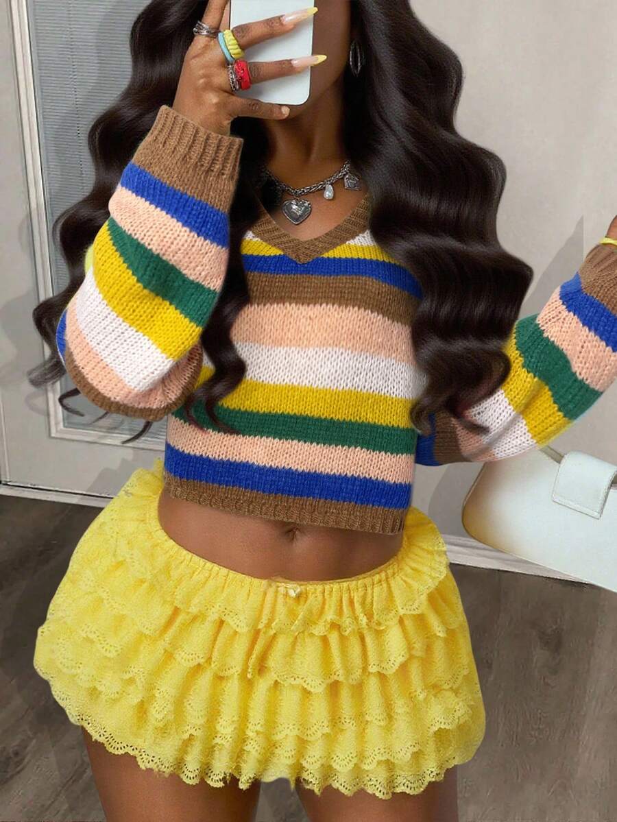 Slaydiva 冬季新款、圣诞节、新年、婚礼季、情人节、生日派对、毕业季、日常出行、基础款、百搭款、休闲度假、邮轮旅行、休闲优雅、通勤、欧式街头风、简约风、节日、V领、短款、长袖、彩虹条纹毛衣 - 彩色 - 查看 1