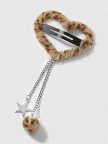 ROMWE Kawaii 2 pezzi Set di fermagli per capelli stile Y2K retrò e chic, decorati con stampa leopardata giallo-marrone lucida, cuore, catena cava d'argento, stella, palla soffice, di alta qualità e minimalista, adatti per uso quotidiano delle donne, regalo per le vacanze - marrone giallastro - Visualizzare 5