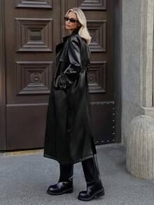 Ontre Women's Fashion PU Double-Breasted Waist Belt Trench Coat Street-Cool, High-End, Simple, Cool Motorcycle Style Workwear A Must-Have For Autumn And Winter: A High-End, Comfortable, Vintage-Style Jacket Back-To-School Season Campus Wear Club Wear Youthful Casual Style Low-Key And Durable Basic Style, All-Match And Suitable For Everyone, Street Fashion Wear, Coffee Shop Wear, Relaxed Wear All-Season Winter Clothes