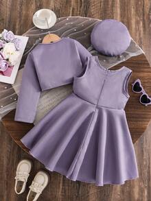 SHEIN فستان قصير بدون أكمام مع جاكيت قصير مزين بأزرار 3D على شكل زهرة، أنيق وأنثوي وجذاب للفتيات الصغيرات - ارجواني فاتح - مشاهدة 2