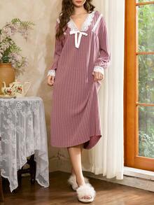 Côtesoire 优雅法式浪漫V领蕾丝边灯笼袖宽松女士睡裙，适合秋冬季节，宽松睡衣 - 藕粉色 - 查看 5