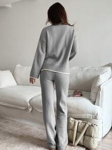 Flirla Women's Casual Dropped Shoulder Long Sleeve Sweater & Pants 2 Pieces Set - Grey - View 2