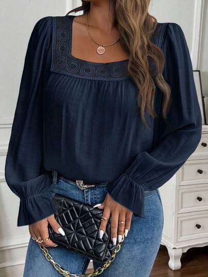 EMERY ROSE Plus Size Women Contrast Lace Long Sleeve Loose Fashion Blouse