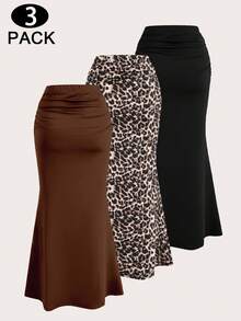 EMERY ROSE 3件套优雅派对纯色黑色咖啡色美人鱼裙和豹纹印花半身裙套装，女士 - 彩色 - 查看 2