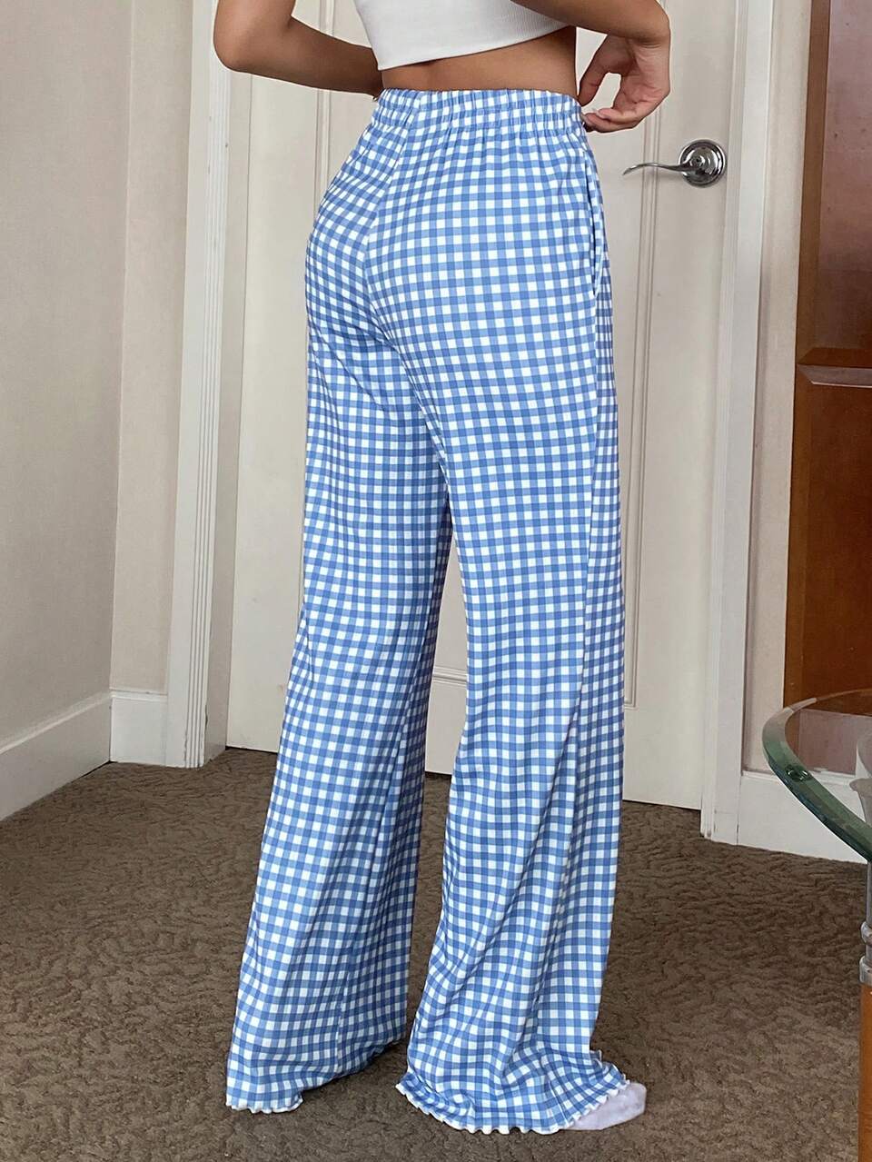 Women's Casual Everyday Gingham Print Flare Leg Lounge Pants Pajamas