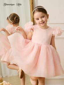 Glamorique Kids 女孩生日派对婚礼花童礼服，无袖圆领柔粉色花裙，优雅天鹅绒缎面蓬松公主裙，腰带和 3D 蝴蝶结 - 粉色 - 查看 2