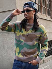 GALLERY FADE 男士休闲迷彩图案毛衣，秋冬迷彩卫衣，90年代运动风毛衣，男士复古迷彩针织套头衫，复古旗帜图案，秋冬款 - 彩色 - 查看 5