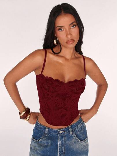 SHEIN BAE Sexy Lace Sheer Camisole Top, Party, Date Night, Commute, Cute Bralette, Sexy Club Top, Corset Top, Strapless Top, Going Out Top, Summer Tops, Cute Top, Summer For Women, Lace Top,Sexy Tops,Red Top,Valentine's Day,Valentine Outfits For Women