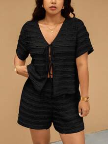Elaquor Plus Size Vacation Casual Solid Color Tie Front Top And Shorts 2 Pieces Set
