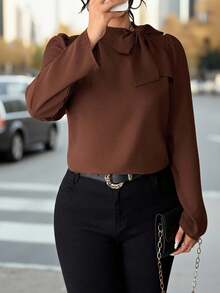 Elenzga Plus Size Women Casual Tie-Up Solid Color Shirt - Brown - View 3