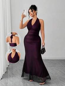 Elenzga Đầm đỏ hồng thanh lịch ôm sát dáng đuôi cá xếp ly cổ chữ V nhún bèo bằng vải lưới lót bên trong dành cho nữ cỡ lớn, thích hợp cho ngày Valentine; đầm dạ hội trễ vai gợi cảm hở lưng màu đỏ, thích hợp cho các buổi tiệc tùng mùa thu/đông; - Màu tím - Xem 1