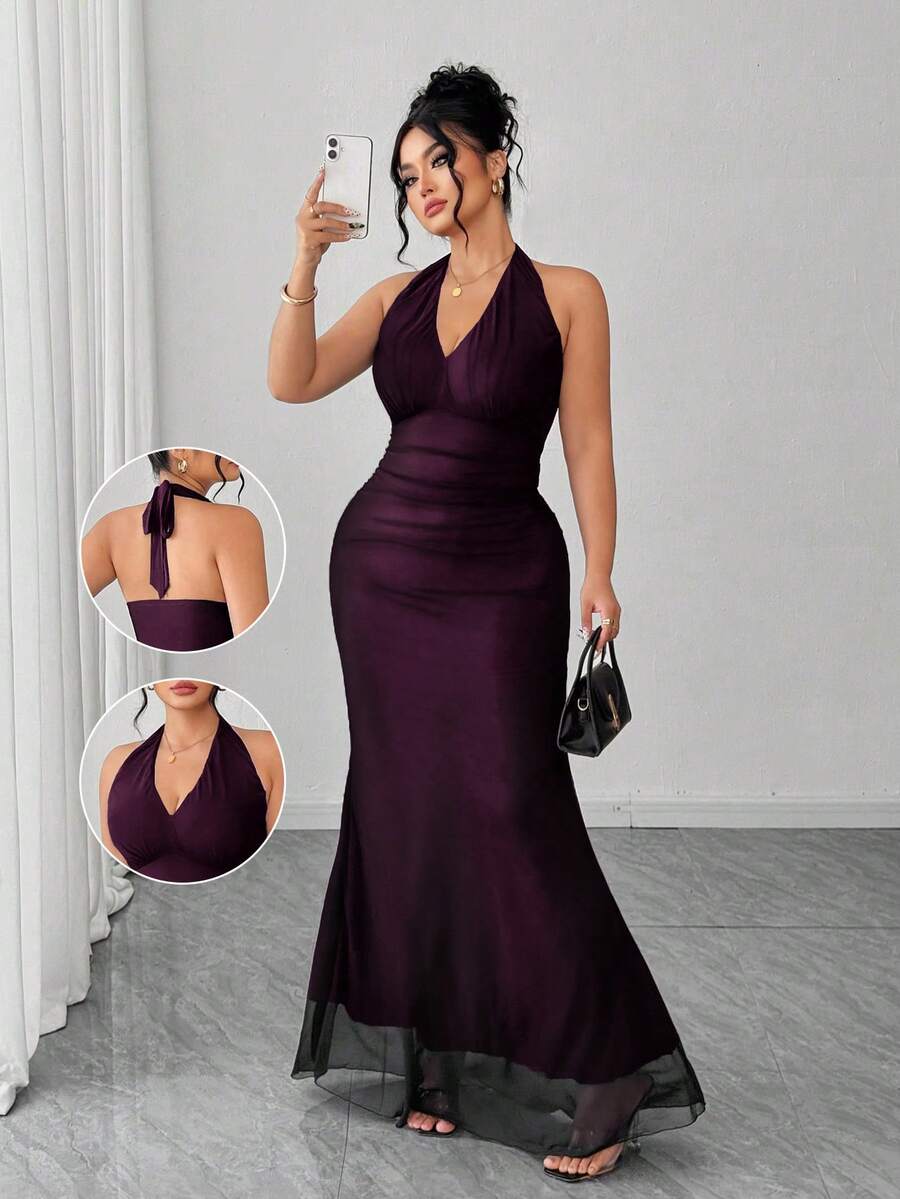 Elenzga Đầm đỏ hồng thanh lịch ôm sát dáng đuôi cá xếp ly cổ chữ V nhún bèo bằng vải lưới lót bên trong dành cho nữ cỡ lớn, thích hợp cho ngày Valentine; đầm dạ hội trễ vai gợi cảm hở lưng màu đỏ, thích hợp cho các buổi tiệc tùng mùa thu/đông; - Màu tím - Xem 1