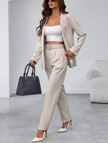 EMERY ROSE Damen Anzug-Set mit langärmeliger, offener Blazer Einfarbig und Falten-Taschen-Hose, elegantes Business-Outfit für Frühling Herbst, Beige - Aprikosenfarben - Übersicht 3