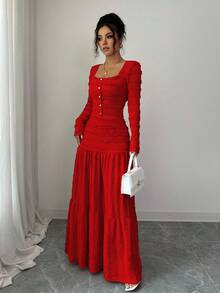 Selianne Women's Pink Textured Fabric Casual Vacation Style Long Sleeve Square Neck Button-Up Top With Paneled Design And Flared Skirt 2-Piece Set, Autumn - Red - View 4