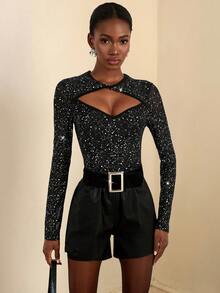 Lyxana Twist Knot Sequin Patchwork Hollow Out Fitted Sexy Long Sleeve T-Shirt - Black - View 3