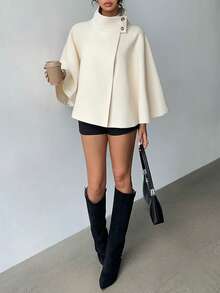 Jeanoix 女士象牙色双面披肩大衣，秋冬款 - 米色 - 查看 1