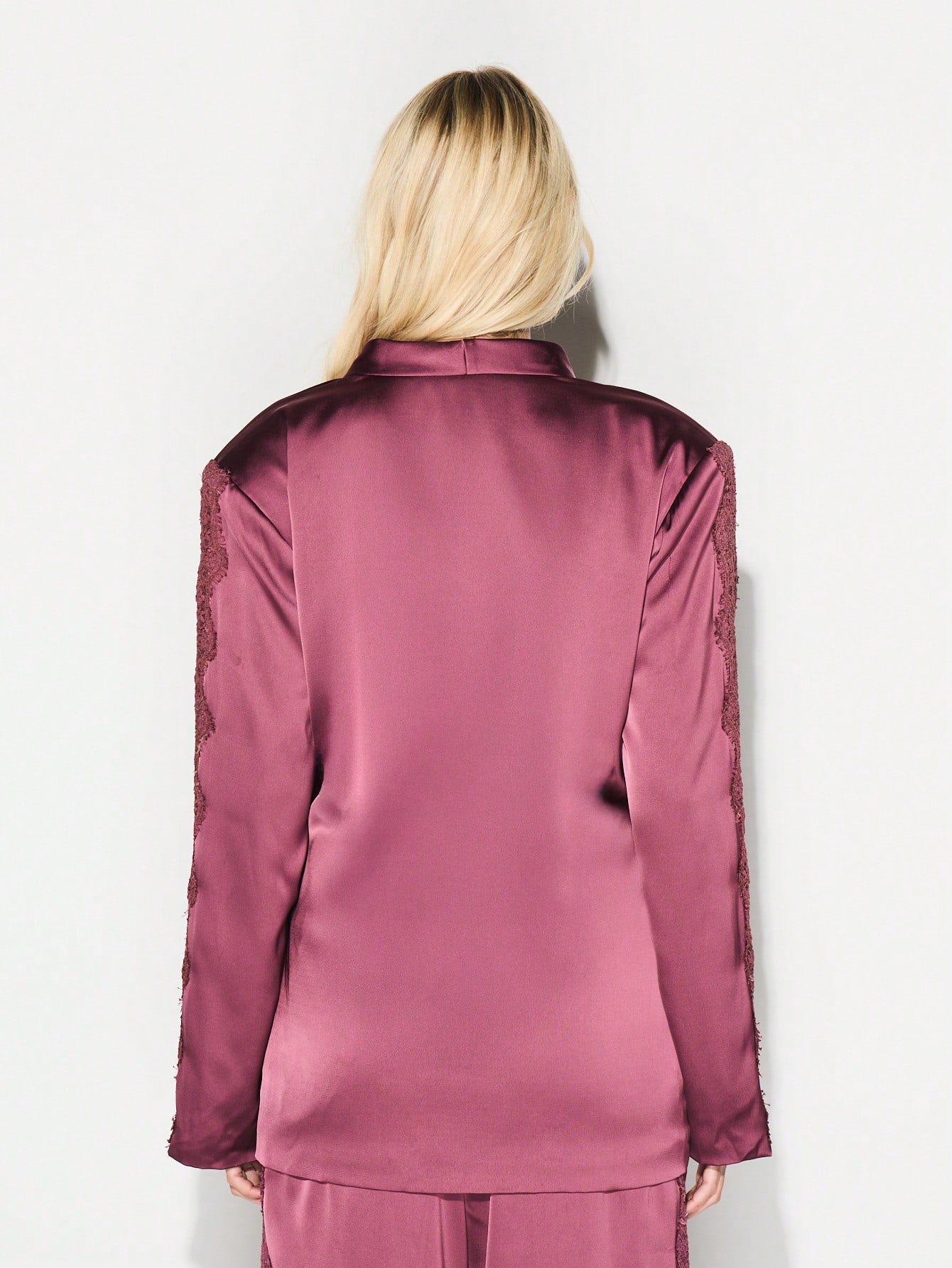 KIZN Satin Wrap Blouse With Lace Trim